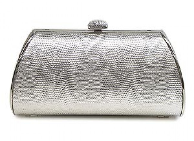 Evening Bag - Lizard Skin Like Embossed w/ Swarovski Crystal Accent Closure - Silver - BG-HPZ655S